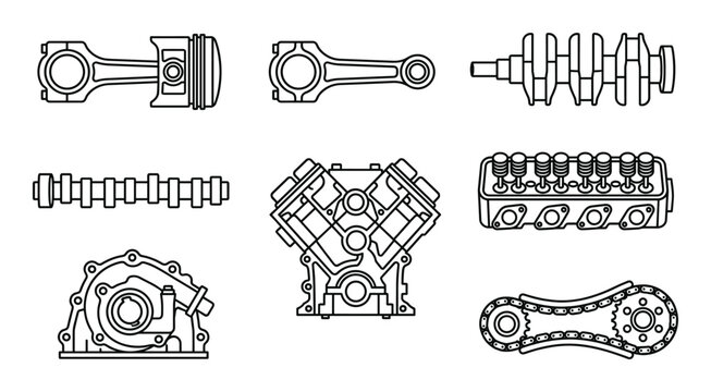 Engine internal components line art icons featuring piston v8 block crankshaft and cylinder head set