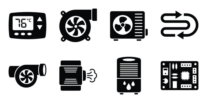 Hvac and climate control system icons including thermostat air conditioner turbo fan and circuit board