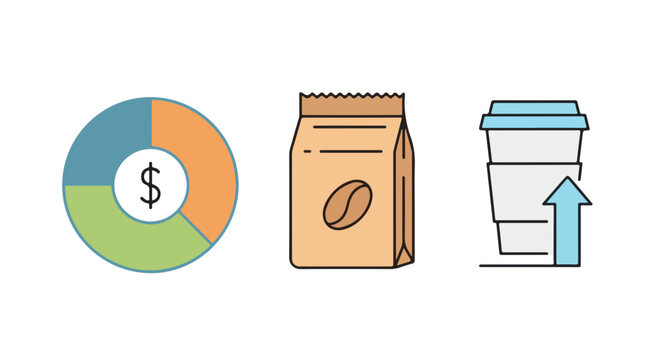 Flat lay of a pie chart with dollar sign, coffee bag, and rising coffee cup with blue lid on white background.