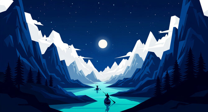 Captivating flat design illustration depicts two silhouetted figures navigating a serene river by boat, nestled within a dramatic mountain valley under a bright full moon and starry night sky,