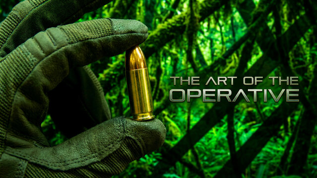 A gloved hand carefully holds a single brass 9mm bullet casing against a backdrop of lush green jungle foliage suggesting covert action or tactical readiness.