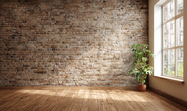 Warm, sunlit room with a rustic brick wall, wooden floor, and green plant