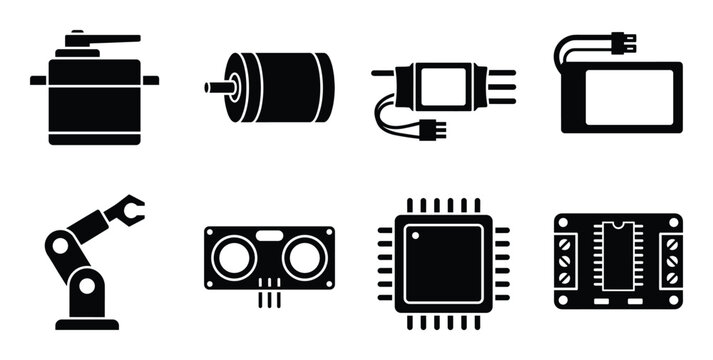 Robotics and electronic components silhouette icons including microchip robot arm sensor and battery