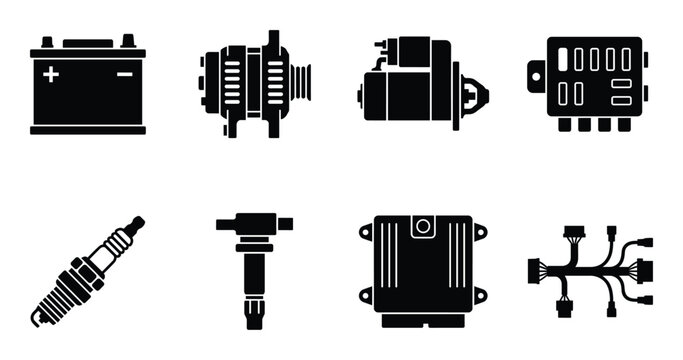 Set of black car parts vector icons. automotive components for vehicle maintenance