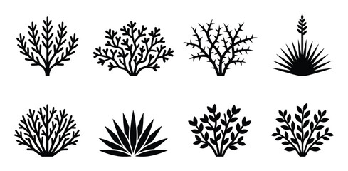 Set of black desert bushes and plant silhouettes icons isolated on transparent background © GoDesigner