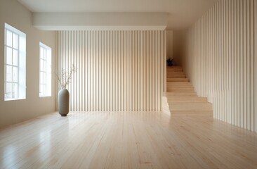 Fototapeta premium Sunlit, minimalist interior with wood accents and modern staircase