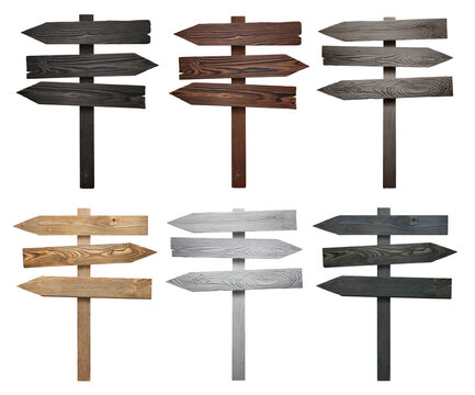 Set of wooden direction signs for navigation and travel guidance, isolated on cutout transparent background