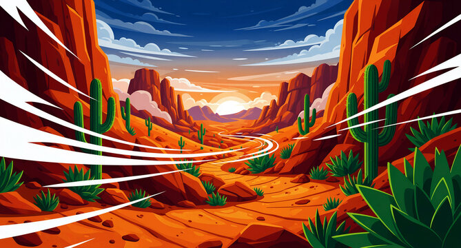 Vibrant stylized desert canyon landscape at sunset featuring tall saguaro cacti and a winding path through arid terrain.