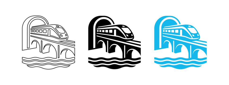 Modern High Speed Train on Bridge with Tunnel and Water Waves Vector Icon Set for Transport Concept