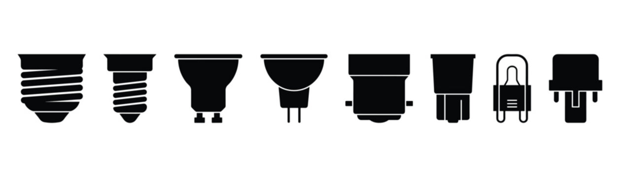 Set of black silhouette light bulb icons with different bases on transparent background