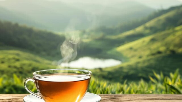Enjoying tea in a green landscape with mountains and lake at midday