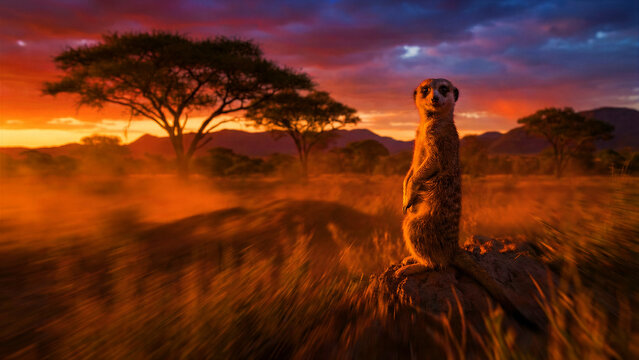 Alert meerkat stands guard on a small mound at sunrise in the African savanna surrounded by dramatic, fiery light.