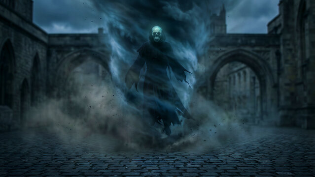 Terrifying spectral entity with a glowing skull emerges shrouded in dark blue ethereal smoke against ancient stonework ruins