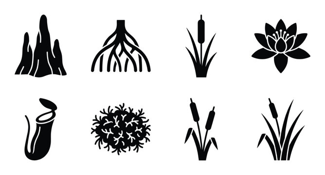 Set of eight black silhouettes of swamp and water plants including reeds lotus and pitcher plants