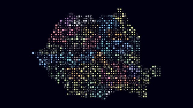 Romania animation. Shape of the country with pulsating colored dots. Small size rounded square blocks. Digital style Romania map on dark background. Awesome video.