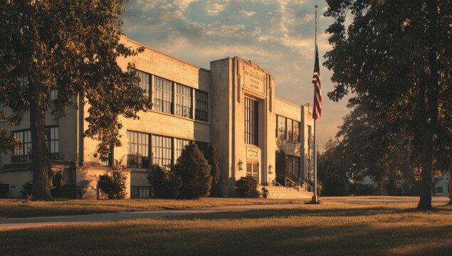 Old school building with American flag at half-mast under a warm, hazy sky