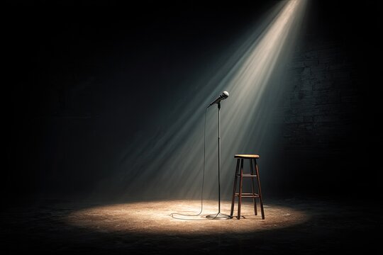 A spotlight illuminates a microphone and stool on a dark stage