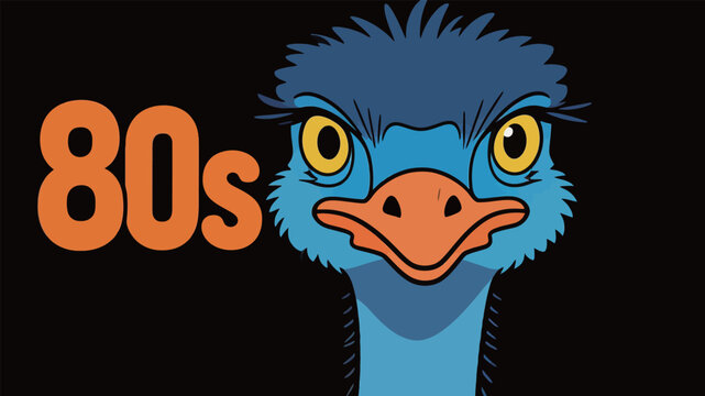 Ostrich character with retro style and bright colors representing 80s pop culture in a fun and playful design