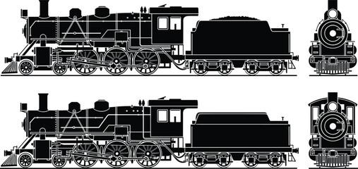 Steam locomotive train illustration, vintage railway engine transport retro steam train silhouette vector side front view isolated design © Marjiya Don