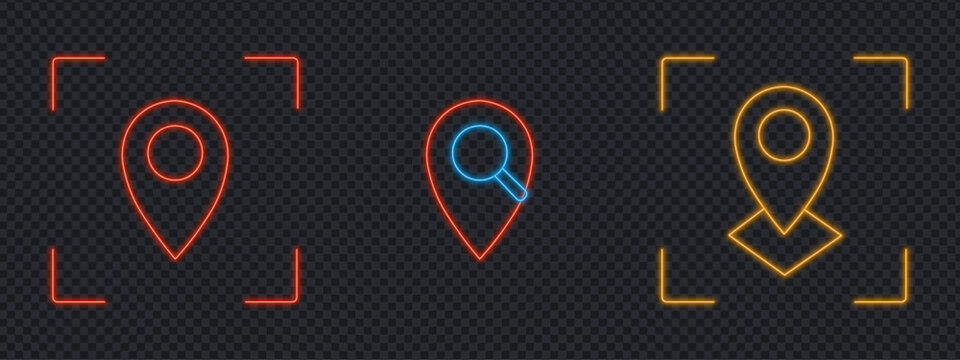 Map pin location icons. Cyber neon visual, glowing border grid. GPS navigation and destination tracking symbols for UI/UX design. Vector Illustration.