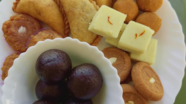 Top angle turntable shot of a vibrant assortment of Indian sweets including gulab jamun in a bowl, barfi cubes with saffron strands, laddus, peda, and gujiya arranged neatly on a white plate.