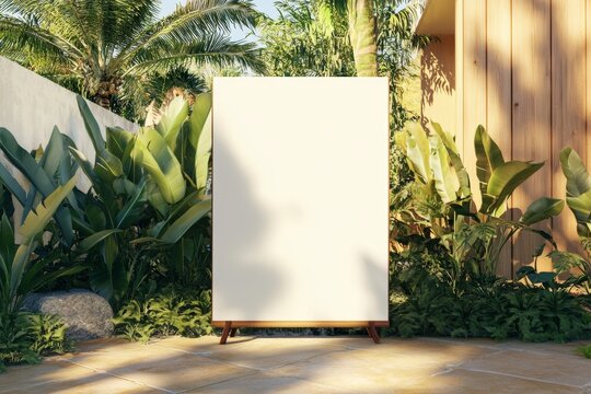 Bright outdoor space features empty canvas near plants and wooden wall in a tropical setting