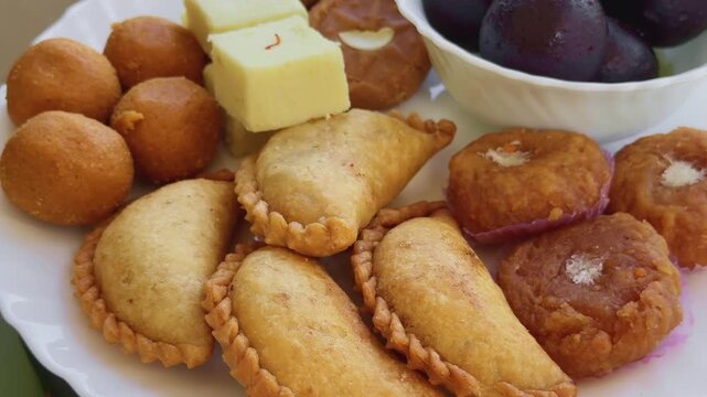 Turntable closeup focusing on crispy gujiya with detailed crimped edges, surrounded by traditional Indian sweets like gulab jamun, laddu, peda, and barfi highlighting rich textures and festival