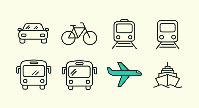Transportation icons car bicycle train bus airplane and boat
