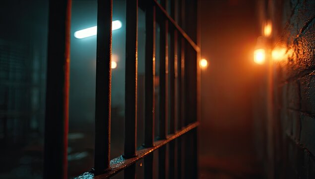 Gloomy prison cell interior with bars, glowing orange and blue lights, and mist