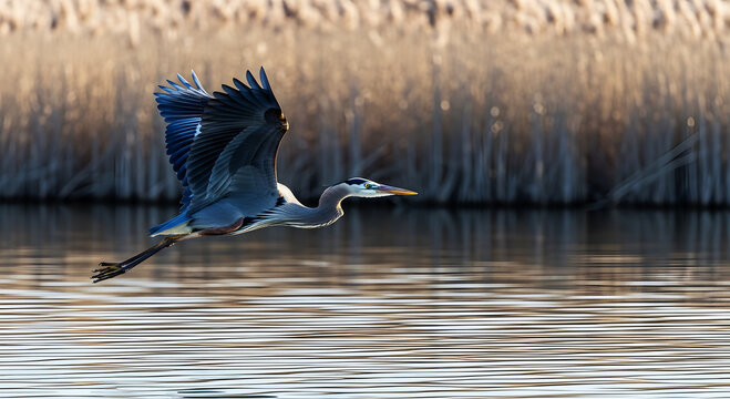 Great Blue Heron flies low over rippling water with reeds in background bird flying