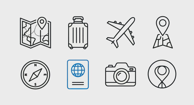Travel and journey icons map suitcase airplane compass passport camera