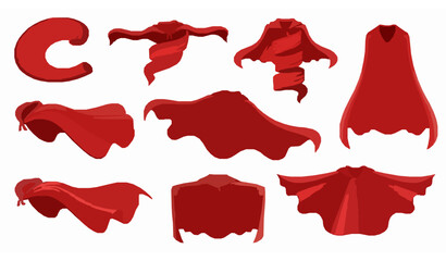 Flowing red superhero capes vector collection with dynamic silk fabric motion and flying cloak shapes © MstMonisha
