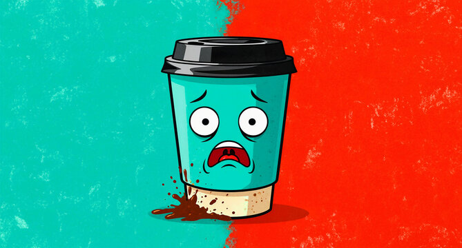 This distressed, vibrant teal coffee cup character, with its big, startled eyes and wide-open, screaming mouth, humorously conveys panic and a relatable sense of dread after a messy, dark coffee