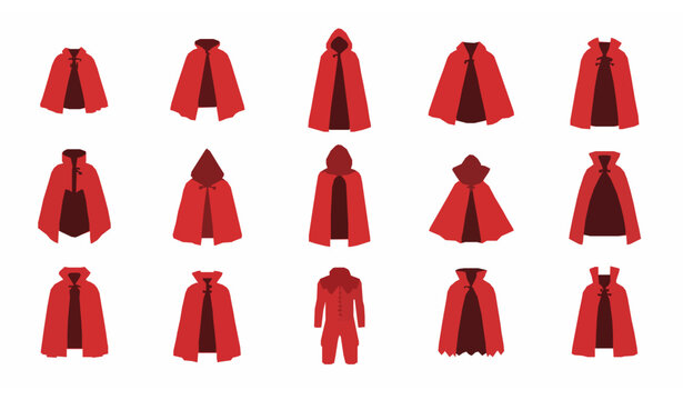 Red cape and cloak icon set with superhero and vampire costume silhouettes flat vector illustration