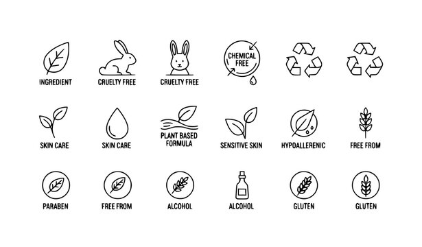 Minimal eco cosmetic icons vector set with organic skincare symbols cruelty free and chemical free line design