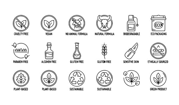 Minimal organic cosmetics icons vector set with eco friendly cruelty free and vegan skincare line badges