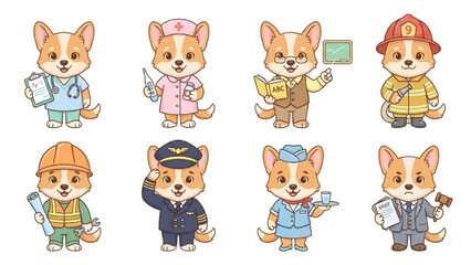 Fototapeta premium Set of funny cartoon animals featuring a cute Shiba Inu, character collection in a vector illustration style Animal in Uniform, Doctor, Nurse, Fightfireman, Air Hostess, Flight Captian, Teacher