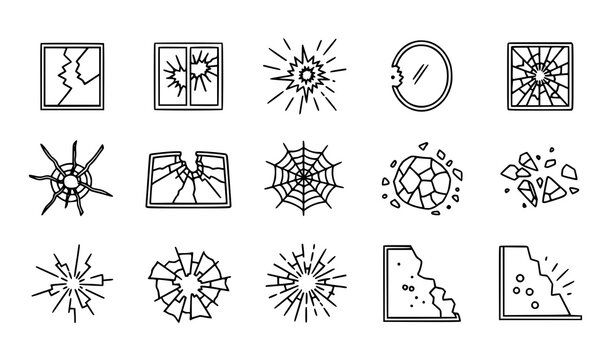 Shattered glass line icon vector set with cracked window windshield mirror and broken fracture symbols