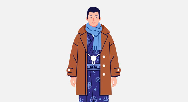 Man in Winter Coat and Scarf, Snowflake Patterned Clothes