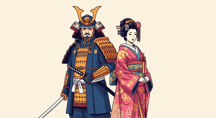 Obraz premium Samurai Warrior and Geisha Woman in Traditional Japanese Attire
