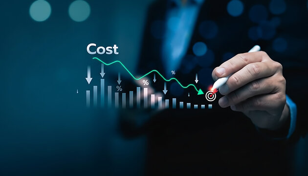 Businessman analyzing cost graph with decreasing trend and target arrow on screen