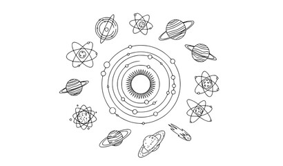 Minimal hand-drawn solar system icons vector set with planets, orbits, and celestial bodies for educational use © MstMonisha