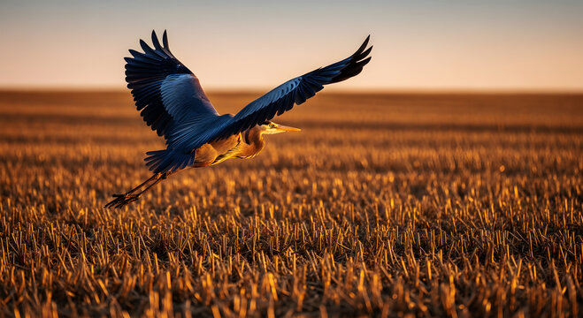 Great Blue Heron flying low over a golden stubble field at sunset bird flight