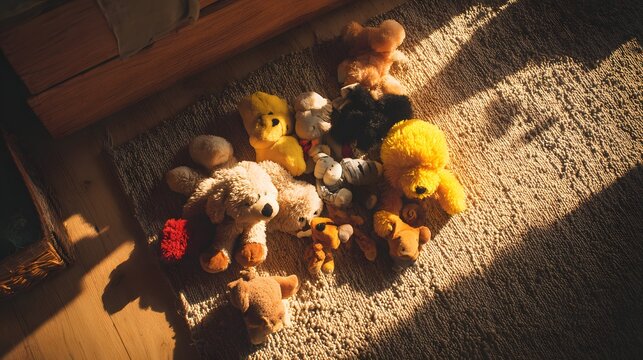 Top view messy toys scattered on floor.