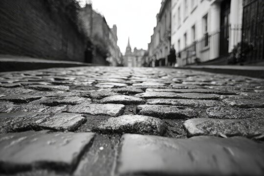Low angle view of a historic cobblestone street leading to a distant church spire