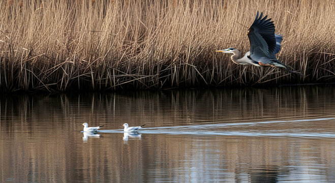 Great Blue Heron flies over water with two seagulls swimming bird flight