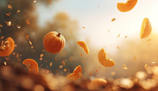 Autumn harvest pumpkins and leaves tumble in golden light