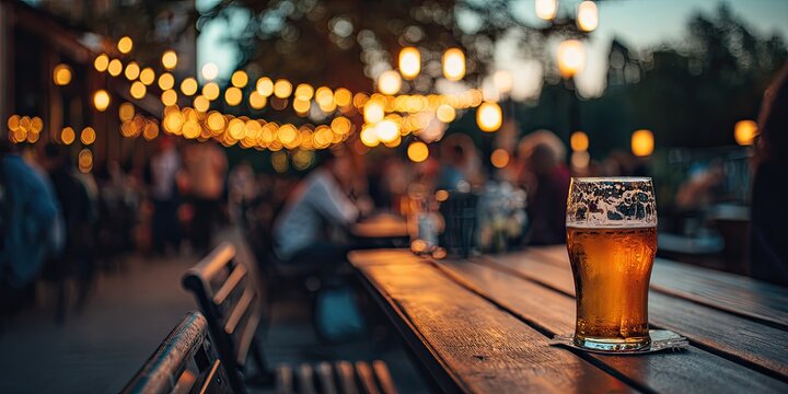 Amber ale in a pint glass on a wooden table outdoors at dusk