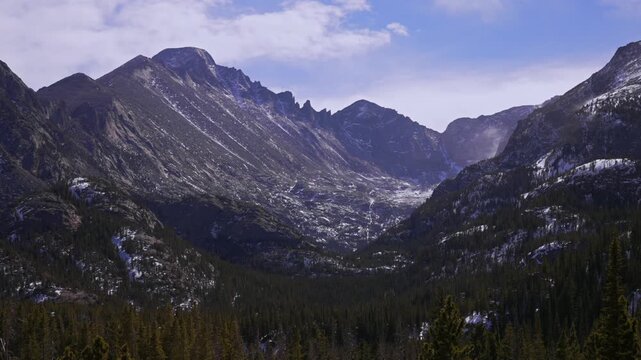 Winter Rocky Mountain National Park Longs Peak sunny blue sky clouds Colorado Estes Park nature landscape Bear Lake Trailhead Dream Emerald Lake view blowing snow wind snowy hike trail zoom in motion