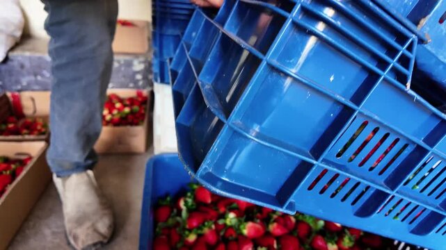 Close-up worker handling blue plastic crates filled with fresh strawberries and showing large, ripe fruits to the camera to compare sizes and variety Albion and Capitola